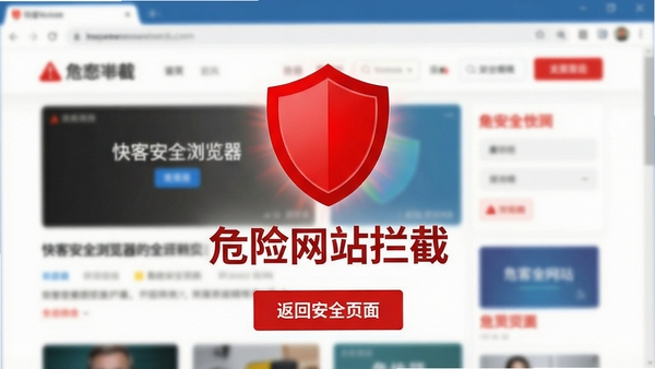 快客安全浏览器安全拦截警告页面示意图,画面中央显示醒目的红色盾牌图标与“危险网站拦截”文字,下方有“返回安全页面”按钮,背景为模糊处理的网页元素,整体风格警示感强