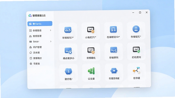 联想家庭云软件主界面预览图,画面展示一个简洁的桌面管理窗口,左侧是分类导航栏,右侧显示多个家庭设备与存储状态图标,背景为柔和的浅蓝色渐变,整体风格现代且具有科技感
