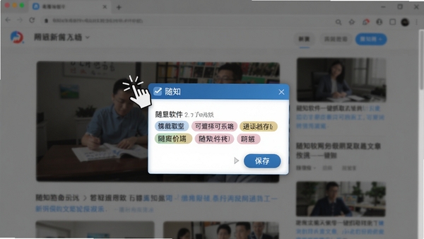 随知软件一键抓取网页文章的操作演示,鼠标悬停在浏览器中的图文教程上,弹出随知的保存对话框,显示可选择的分类标签,背景为模糊处理的新闻资讯页面