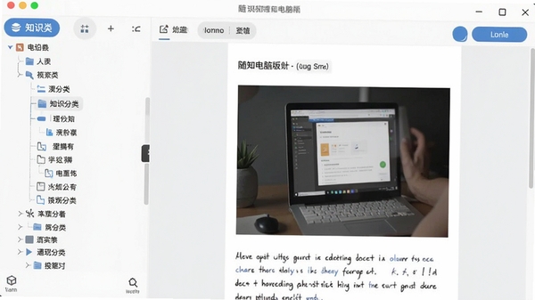 随知电脑版主界面截图,左侧为知识分类树状列表,右侧展示一篇正在编辑的图文笔记,整体界面采用简洁的蓝白配色,布局清晰,功能按钮一目了然,背景为干净的浅灰色工作台