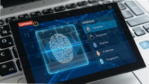 Lenovo Smart Fingerprint 指纹录入界面,显示一个半透明的指纹扫描区域,旁边列出已添加的手指列表,界面以蓝色科技感色调为主,背景为联想笔记本电脑键盘特写,光线明亮清晰,突出安全与便捷的主题