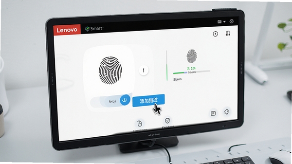 Lenovo Smart Fingerprint 软件主界面预览图,展示简洁的指纹管理面板与设备状态信息,背景为干净的浅灰色工作台,鼠标指针悬停在“添加指纹”按钮上方,屏幕光线柔和,整体风格现代且专业