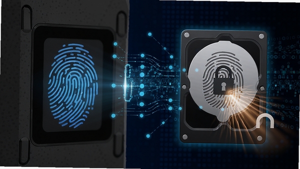 Lenovo Smart Fingerprint 安全功能示意图,画面左侧为指纹传感器特写,右侧为锁定的硬盘图标被指纹光芒解锁,背景为深蓝色数据流,整体风格硬朗,突出数据保护与加密特性