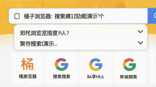 柚子浏览器聚合搜索功能演示,画面展示在地址栏输入关键词后,下拉联想词与多个搜索引擎切换图标的特写,界面元素清晰,色彩明快,突出其一体化搜索的便利性