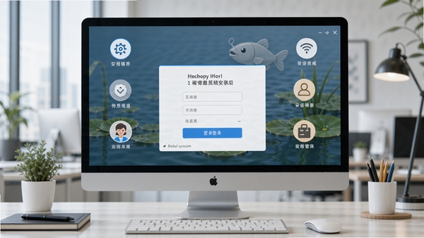 鱼塘微营销系统安装完成后的启动界面,显示登录窗口,背景为现代办公桌面,屏幕上有清晰的功能图标,整体氛围专业友好