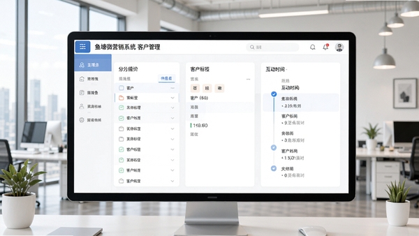 鱼塘微营销系统客户管理界面,展示分组列表、客户标签和互动时间线,界面以卡片式布局呈现,背景为现代办公室,光线明亮,整体风格清新商务