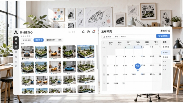 鱼塘微营销系统内容分发中心,展示多平台账号绑定和发布日历,界面左侧为素材库,右侧为发布预览,背景为创意工作室,整体风格时尚明亮