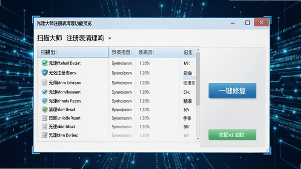 光速大师注册表清理功能预览,界面展示扫描出的无效注册表项列表,并配有“一键修复”按钮,背景为科技感的数据流线条,强调安全与精准的特性