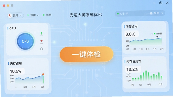 光速大师系统优化主界面预览图,画面中展示简洁的仪表盘风格UI,中央是醒目的“一键体检”按钮,背景为淡蓝色科技感渐变,并配有CPU与内存占用率的实时数据图表,整体风格现代、干净、专业
