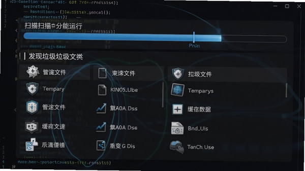光速大师深度扫描功能运行画面,界面中显示扫描进度条与已发现的垃圾文件分类列表,包括临时文件、缓存数据等图标,背景为深色代码风格,突出其引擎的深度与专业性