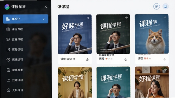 好哇学堂课程分类筛选界面示意图,左侧为垂直分类列表,右侧展示课程封面缩略图,风格简洁现代,突出体系化与易用性