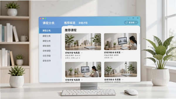 好哇学堂电脑版主界面预览图,展示课程分类导航栏与推荐课程列表,背景为现代简约的办公学习场景,书架与绿植点缀,整体色调明亮清新,画面中心突出软件界面布局