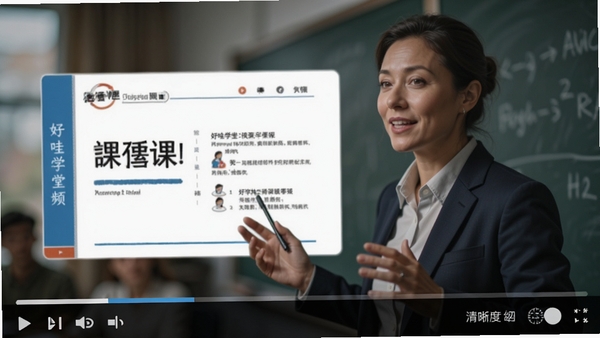 好哇学堂视频播放界面效果图,画面展示讲师授课特写与课件PPT,播放器控制栏清晰可见,包含倍速选项与清晰度切换,背景虚化处理突显视频主体