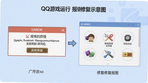 QQ游戏运行报错修复示意图,显示错误提示框和修复工具界面,风格简洁,背景为浅蓝色