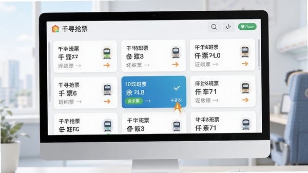 千寻抢票多车次监控功能示意图,画面中显示一个电脑屏幕,屏幕上排列着多个列车班次卡片,其中一张卡片显示有余票提示,整体色调明亮清晰,包含千寻抢票软件界面元素