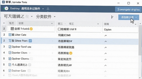 展示笨笨企业个人通用流水记账软件的分类管理界面,鼠标指针正在点击添加新分类按钮,屏幕上显示可自定义编辑的分类列表项,画面清晰展示软件操作逻辑