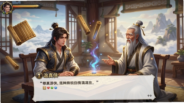 修真游侠游戏剧情对话场景,主角与一名仙风道骨的长老在古色古香的洞府中对坐交谈,周围有漂浮的竹简与闪烁的灵光,画面细节丰富,角色表情生动,背景有窗外云海与远山,整体色调温暖,突出仙侠世界的叙事氛围