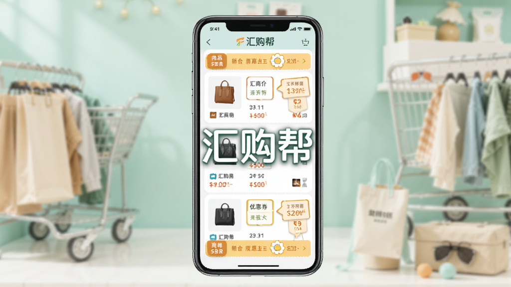 汇购帮主界面展示,智能手机屏幕显示商品比价列表与优惠券聚合页面,背景为淡雅的购物场景,商品缩略图与价格标签清晰可见,整体风格明亮简洁,突出便捷与实惠感,画面中央有“汇购帮”字样