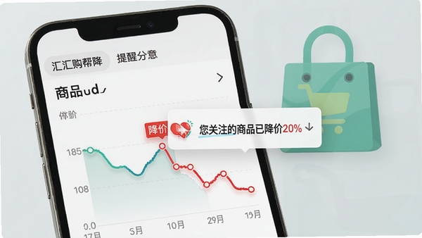 汇购帮降价提醒功能示意,手机界面显示某商品价格走势折线图,标红降价节点,并弹出推送通知“您关注的商品已降价20%”,背景为清新购物袋图标,风格简约现代