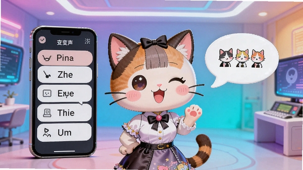 伪人猫语音盒主界面展示,一只可爱的卡通猫娘正在对话气泡旁唱歌,背景为渐变色科技感房间,手机屏幕中显示变声选项列表,画面明亮活泼,突出趣味性与拟人化特征