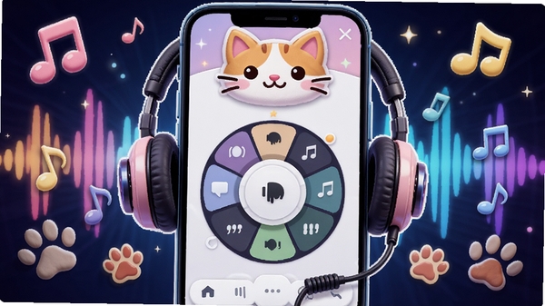 伪人猫语音盒变声效果演示,手机界面显示音色选择转盘,周围环绕音符和猫爪印,一只耳机连接着卡通猫头,背景为声波波纹,色彩鲜艳,突出多种音色切换功能