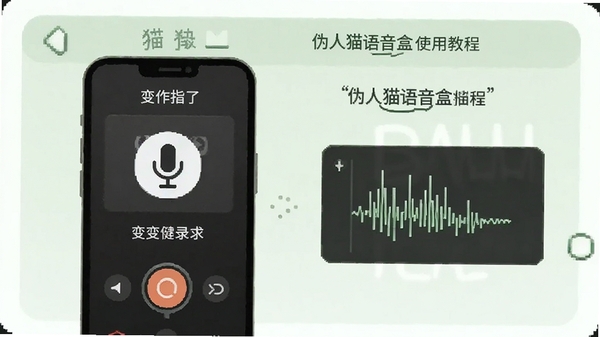 伪人猫语音盒使用教程插图,手机屏幕显示变声录制界面,旁边有麦克风图标和波形图,背景为浅绿色操作指引面板,简洁清晰