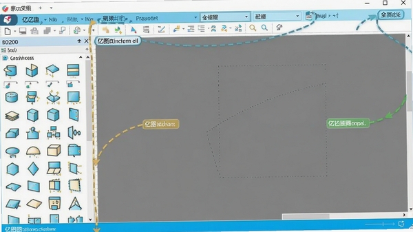 亿图流程图制作软件全貌预览图,展示软件主界面、左侧图形库、顶部工具栏和中央画布区域,明亮简洁的办公风格,界面清晰标注各功能分区