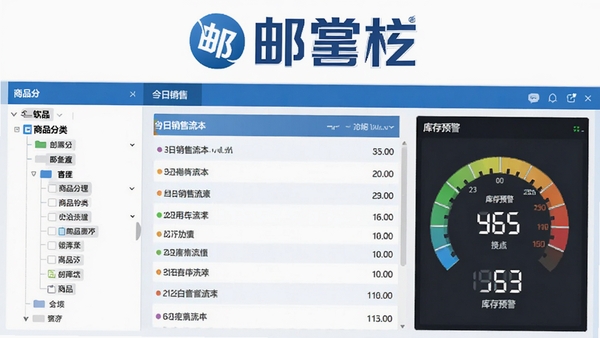 邮掌柜软件主界面预览图,画面左侧为清晰的商品分类树状列表,中央是当日销售流水滚动记录,右侧展示库存预警数字仪表盘,整体风格为现代扁平化管理软件界面,配色以蓝白为主,屏幕上方有邮掌柜logo特写
