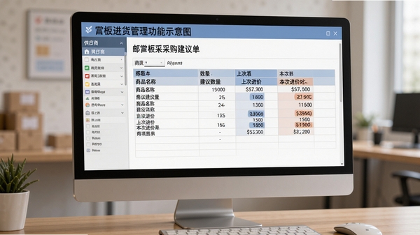 邮掌柜进货管理功能示意图,电脑屏幕上显示一张自动生成的采购建议单,表格中清晰列出商品名称、建议数量、上次进价与本次进价对比,屏幕边缘有供应商列表侧边栏,画面风格写实,屏幕光线柔和