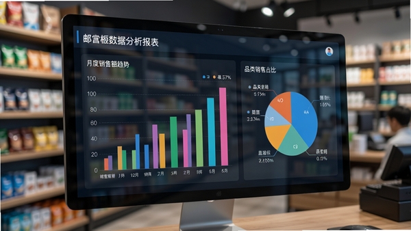 邮掌柜数据分析报表界面,屏幕上展示彩色柱状图与饼图,分别显示月度销售额趋势与品类销售占比,背景为模糊的店铺货架,电脑屏幕反射出现实店铺环境,画面具有科技感与商业氛围