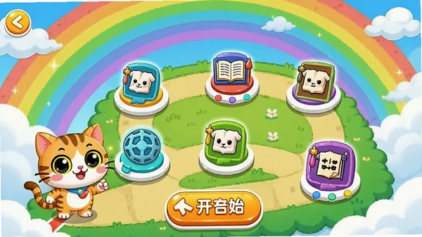 ��˼è�Ƽ���ѧ��Ϸ���ؽ��棬��ͨ������Ϸ��ͼ���ж���ؿ��ڵ㣬ÿ���ڵ��в�ͬѧ�Ƶ�ͼ�꣬һֻСè��ɫվ����㣬�����ʼ��ť�������ǲʺ���ƶ䣬ɫ�����޻���