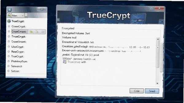 TrueCrypt软件主界面截图,展示加密卷创建向导和主菜单选项,背景为深蓝色科技感风格,突出软件名称TrueCrypt字样