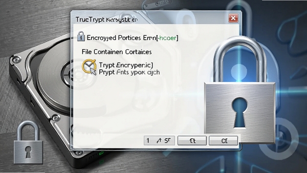 TrueCrypt加密卷创建向导截图,展示选择加密分区或文件容器的步骤,背景为金属质感硬盘与锁形图标结合,强调数据保护主题