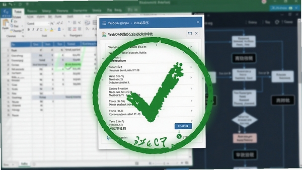 WebOA网络办公自动化软件审批功能截图,画面展示一个正在流转的电子审批单,带有绿色通过的印章特效,背景为模糊的电脑表格与流程图,强调自动化与高效