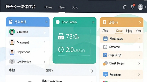 哨子办公一体化工作台界面的高清截图,画面上方显示清晰的导航栏,中间区域展示待办审批、今日考勤状态和日程安排,界面设计扁平化,图标线条流畅,色彩搭配和谐,突出软件的一站式管理理念