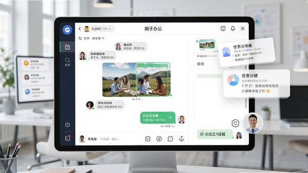 哨子办公即时通讯功能演示图,画面展示多人协作群组对话框,包含文件图片发送界面与@成员提醒功能,背景有悬浮的任务分配卡片,整体风格清爽,突出工作沟通的高效与有序