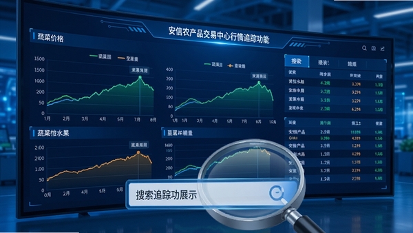 安信农产品交易中心行情追踪功能展示,屏幕上显示多种蔬菜水果的价格折线图与数据列表,前景有放大镜图标聚焦在搜索框,背景为数据大屏风格,蓝色科技色调