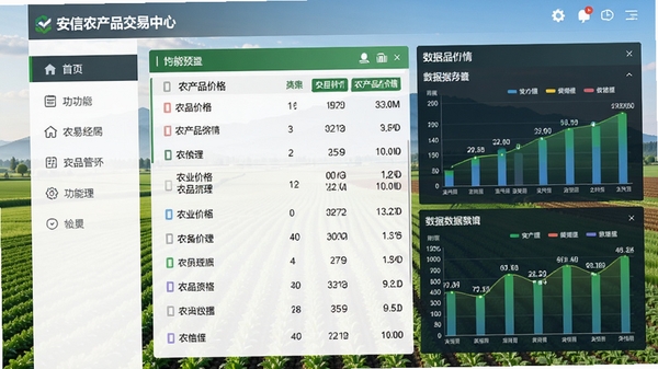 安信农产品交易中心主界面预览图,展示软件整体布局,左侧为功能导航栏,右侧为农产品价格行情列表与数据图表区域,背景为简洁的农业田园风光,整体风格商务且清晰