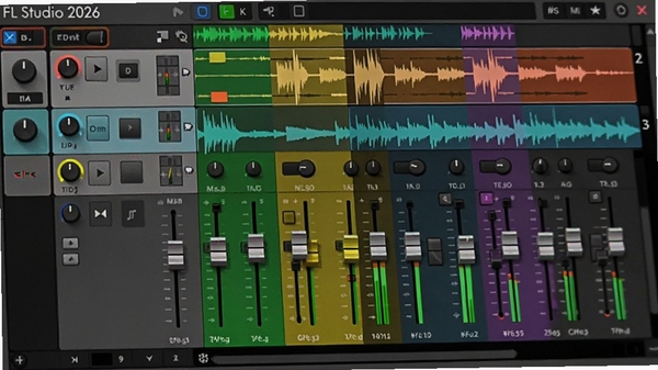 FL Studio 2026的调音台界面特写,多条音频轨道整齐排列,音量推子和声像旋钮清晰可见,轨道上带有不同的音频波形片段,界面色彩鲜明,体现出专业混音的视觉效果