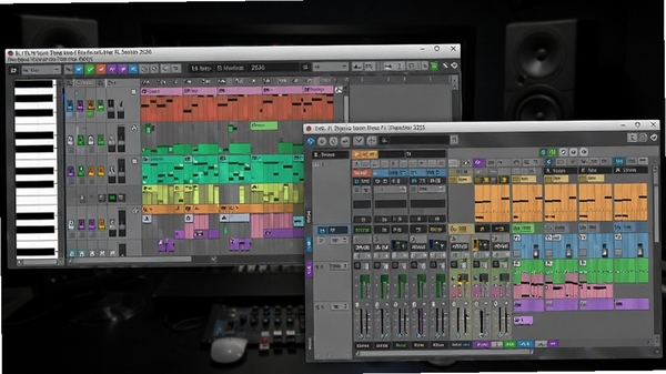 一张FL Studio 2026主界面全景预览图,钢琴卷帘窗与混音台窗口同时打开,轨道上布满了彩色音符块,整体界面风格现代且富有科技感,背景是暗色系的录音棚环境,电脑屏幕清晰显示软件操作界面