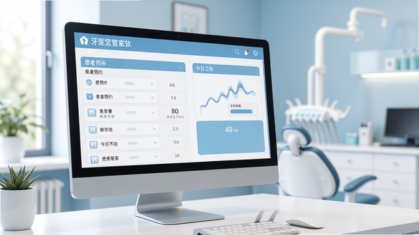 牙医管家软件主界面,画面主体为清晰整洁的诊所前台电脑屏幕显示患者预约列表与今日工作台,背景为现代化牙科诊室环境,柔和的自然光与浅蓝色调,写实风格,高清细节,16:9构图