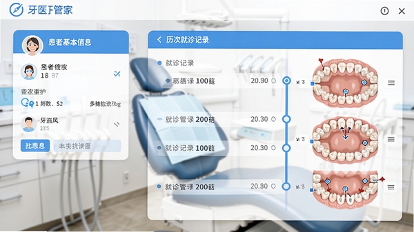 牙医管家患者档案详情界面,左侧为患者基本信息卡片,右侧为时间轴样式的历次就诊记录与牙位图标注,背景为模糊的牙科治疗椅,界面以蓝白配色为主,扁平化设计风格,高清截图预览