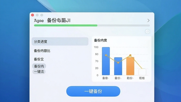 苹果助手数据备份功能界面,显示备份进度条和分类选项,图表形式展示备份内容占比,背景为干净的蓝色渐变,文字清晰标注“一键备份”按钮