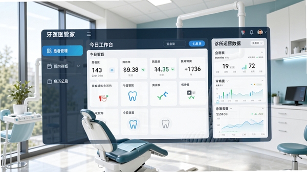 牙医管家主界面展示,左侧导航栏包含患者管理、预约排班、病历记录等模块,中间是今日工作台看板,右侧显示诊所运营数据概览,背景为现代牙科诊所环境,明亮的自然光,界面清晰整洁,科技感与医疗感并存