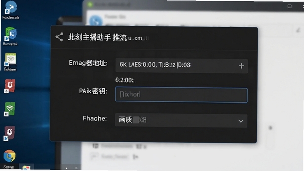 此刻主播助手推流设置界面,显示服务器地址、串流密钥输入框和画质选择下拉菜单,背景为电脑桌面,有网络连接状态图标,风格写实清晰