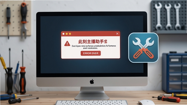 此刻主播助手报错修复示意图,显示一个电脑屏幕上有错误提示框,旁边有修复工具图标,背景为工作台环境,有螺丝刀和工具,风格写实清晰