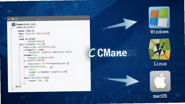 CMake跨平台构建示意图,画面左侧为CMakeLists.txt代码片段,右侧同时展示Windows、Linux、macOS三个平台的构建图标,中间用箭头连接,背景为科技蓝渐变,突出软件名称CMake