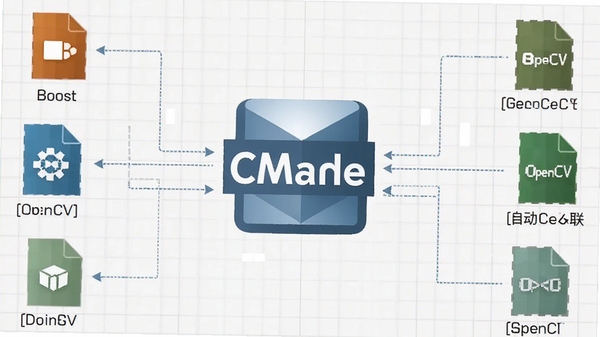 CMake依赖管理功能展示图,画面中央为CMake图标,周围环绕多个库文件图标(如Boost、OpenCV),通过虚线连接表示自动查找与关联,背景为浅灰色网格,整体风格简约清晰,突出软件名称CMake