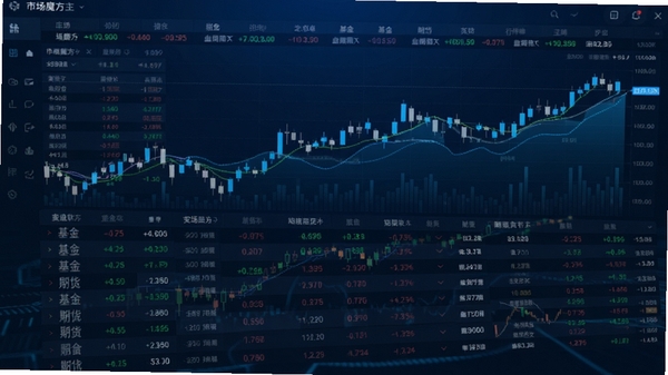 市场魔方行情软件主界面预览图,展示股票、基金、期货等行情列表,背景为深蓝色科技感金融图表,数据滚动清晰可见,整体画面简洁现代,突出数据可视化效果