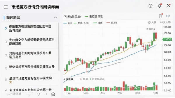 市场魔方行情资讯阅读界面,左侧是新闻标题列表,右侧是相关联的股票K线图,界面采用分屏设计,浅色背景,文字清晰,体现资讯与数据的深度结合